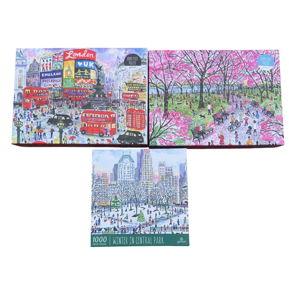 Galison Michael Storrings 3 Puzzle Lot 1000 Pc London Cherry Blossom NYC Winter